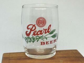 Pearl Barrel Beer Glass 3 1/4” Barrel Shape Clear With Red And Green Print