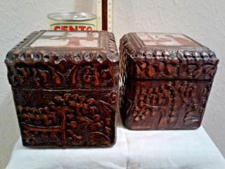 Hand - Carved Set Of 2 Vintage Wooden Russian Folk Art Boxes (date To 50s - 60s)