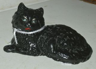 Vintage Cast Iron Black Cat With Green Eyes,  Red Lips,  White Ribbon Doorstop