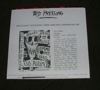 Gg G.  G.  Allin And The Jabbers 7 " Ep Gimme Some Head Dead Or Alive Test Pressing