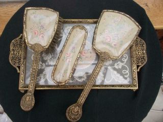 Pretty Vintage Petit Point Filigree Dressing Table Set Tray Brushes Mirror
