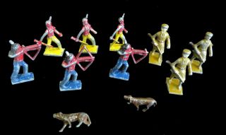 Set X9 Vintage Lead Metal Cowboys Indians,  Plus X2 Dogs,  2 " Tall Toy Figures
