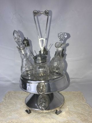 Antique Vtg Edwardian Victorian Glass Cruet Condiment Castor Set Footed 6 Jars