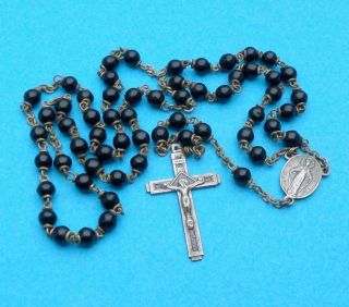 French,  Antique Rosary.  Brass & Black Glass Beads.  Crucifix,  Cross.  Rosarie.