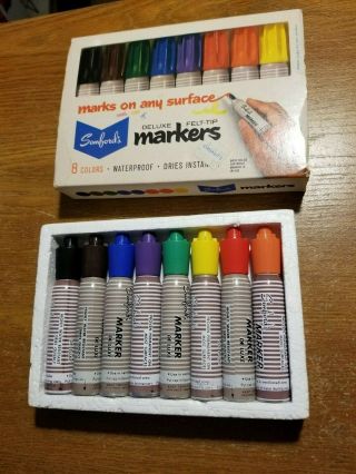 Vintage Sanfords Deluxe Felt Tip Markers 8 Colors Box Waterproof Smelly Solvent