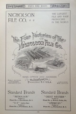 1896 Ad (1800 - 41) Nicholson File Co.  Prov. ,  Ri.  " Largest File And Rasp Producers "