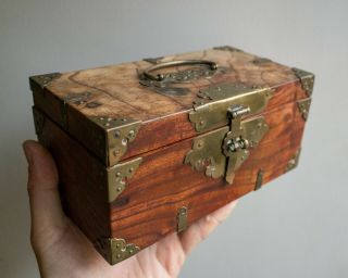 Vintage Chinese Wooden Jewellery / Trinket Box With Brass Decorations & Lining