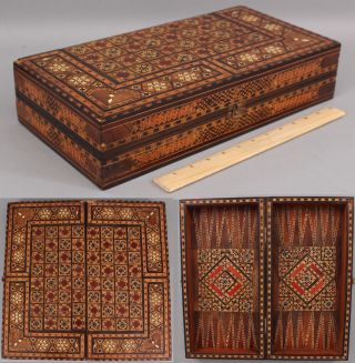 Antique Folk Art Marquetry Inlaid Checker Chess Backgammon Game Board Box,  Nr