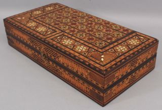Antique Folk Art Marquetry Inlaid Checker Chess Backgammon Game Board Box,  NR 3