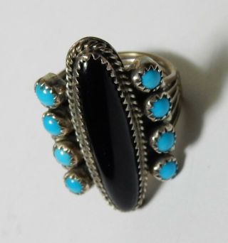 Vintage Rb Running Bear Navajo Black Onyx Turquoise Sterling Silver Ring Size 11