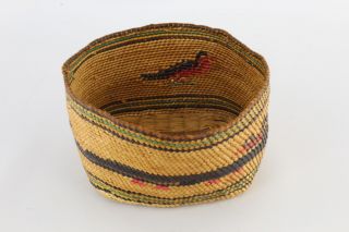 Vintage Hand Woven Straw Native American Basket W/ Snake & Bird Motif