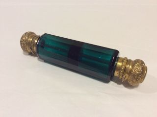 Antique Emerald Green Glass Double Ended Perfume Scent Bottle Brass Tops