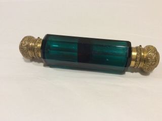 Antique Emerald Green Glass Double Ended Perfume Scent Bottle Brass Tops 2