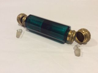 Antique Emerald Green Glass Double Ended Perfume Scent Bottle Brass Tops 3