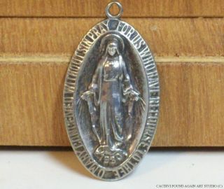 Vintage Sterling Silver Holy Mother Mary Miraculous Medal 925 Pendant 1 3/8 "