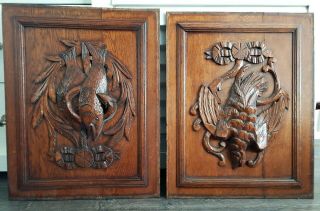 Two Antique Pair Wooden Oak Panel Carved From France Fish And Bird