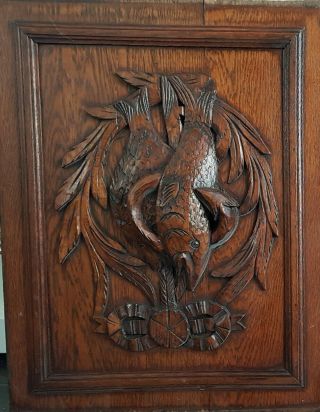 two antique pair wooden oak panel carved from France Fish and Bird 2