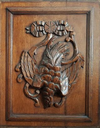 two antique pair wooden oak panel carved from France Fish and Bird 3