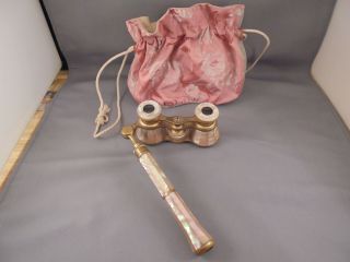Antique Colmont Paris Mother Of Pearl Opera Glasses Handle & Orig Silk Pouch