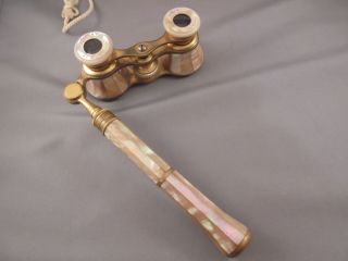 Antique Colmont Paris Mother of Pearl Opera Glasses Handle & Orig Silk Pouch 2