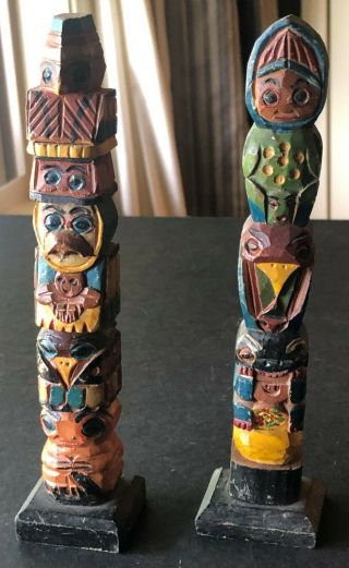 2 Vintage Northwest Coast Native American Carved Wood Painted 6.  5 " Totem Poles