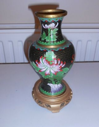 Vintage Cloisonne Style Vase With Gilt Wooden Stand  Mm
