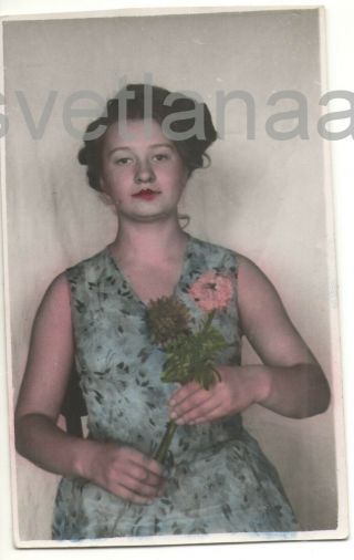 1950s Lovely Girl Young Woman Flowers Makeup Hand Color Tinted Su Vintage Photo
