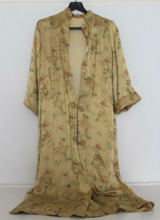 Vintage Chinese Gold Satin Embroidered Robe Kimono W/ Floral & Bird Motif