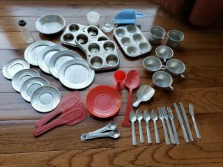 41 Pc Vintage Child Aluminum Tin Dish Set,  Cups,  Plates,  Baking Tins