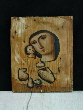 Antique 19th Russian Hand Painted Wooden Orthodox Icon Mother Of God