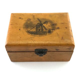 Antique Mauchline Ware Treen Wood Box: Old Windmill Nantucket Mass.  19th C.