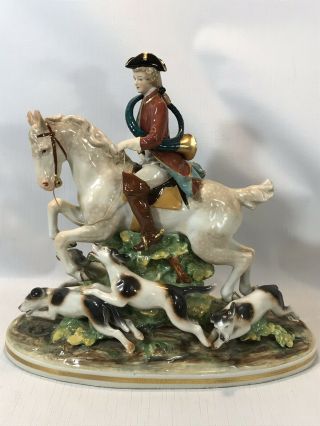Vintage Porcelain Capodimonte Style Figurine Fox Hunt Bugler On Horseback W Dogs