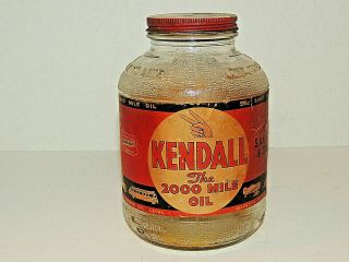 Vintage Kendall 2000 Mile Motor Oil 1 Qt Glass Jar Can Gas Service Station