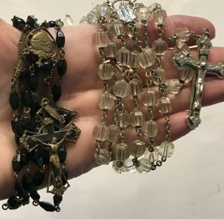 Vtg 2 Rosary Glass Beads One Clear And Second Black Crystal 3