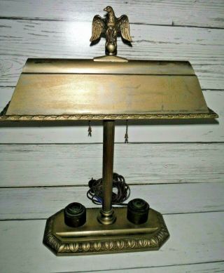 Vintage Solid Brass Desk Light Lamp W/ Eagle,  Ink Wells