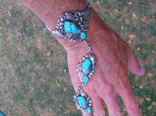 Vintage Handmade Navajo Indian,  Heavy Slave Bracelet,  Sterling Silver,  Turquoise