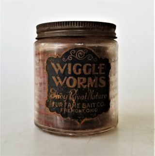 Vintage Antique Fur Fame Bait Co Glass Jar Full Of Wiggle Worms Fishing Lure