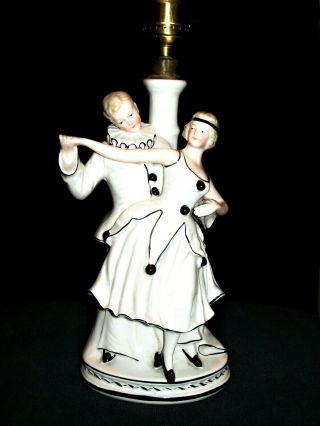 ANTIQUE GERMAN ART DECO COLUMBINE PIERROT COUPLE DANCERS PORCELAIN LAMP FIGURINE 2