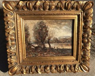 Antique Hudson River School Tonalist Fall Landscape Oil Painting With Figure