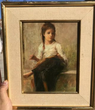 Antique American School Impressionist Portrait Oil Painting,  Young Girl Sewing