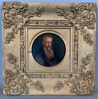 19thc Antique Victorian Era Medieval Scholar Portrait Painting Old Gesso Frame