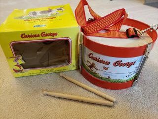 Vintage Collectible Curious George Tin Drum Wooden Drumsticks Box 1995