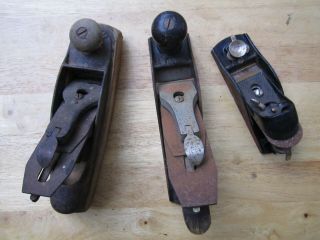 3 Vtg.  Antique Wood Planes (bail,  Stanley & ? Thumb Plane)