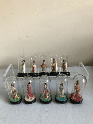 Set Of 10 Miniature Japanese Geisha Doll Figurines In Glass Dome - Rare