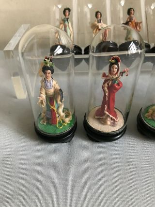 Set Of 10 Miniature Japanese Geisha Doll Figurines In Glass Dome - Rare 2