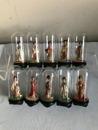 Set Of 10 Miniature Japanese Geisha Doll Figurines In Glass Dome - Rare 3