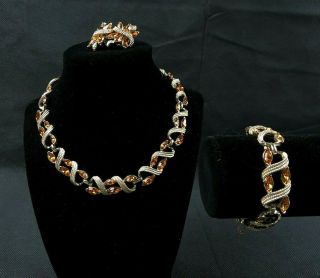 Vintage Coro Gold Tone,  Amber Color Rhinestone Necklace Bracelet Earring Set