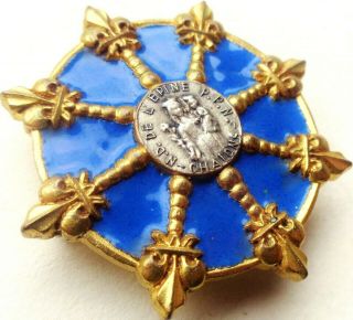 Fleurs - De - Lis & Blue Enamel Decor Vintage Brooch Medal To Our Lady Of The Thorn
