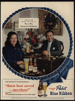 1949 Edward G.  Robinson & Wife Drink Pabst Blue Ribbon Beer - Vintage Ad