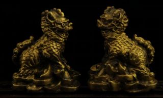 Pair China Old Antique Hand Made Brass Kylin Statue Collect A02